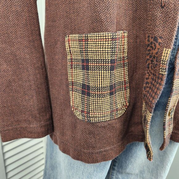 Vtg Bechamel Cardigan 100% Cotton Sweater Brown Plaid Animal Print Trim Button M - Picture 6 of 8